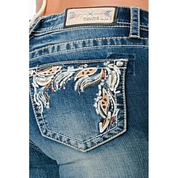 Grace in LA Women's Western Feather Embroidered Stonewashed Bootcut Jeans - Picture 1 of 3